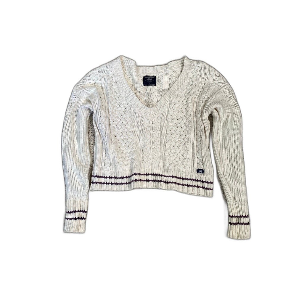 Abercrombie & Fitch Y2k Cable Knit V Neck Crop Sweater Preppy Academia Varsity M